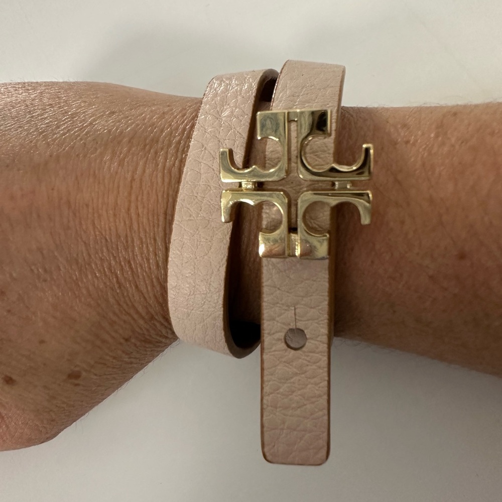 Tory Burch Cream and Tan Leather Bracelet with Gold Emblem